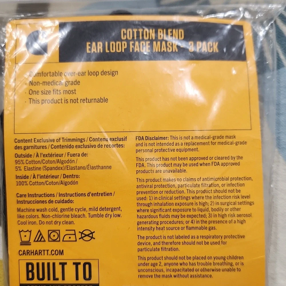 NWT Carhartt Ear Loop Face Mask 3-Pack - One Size